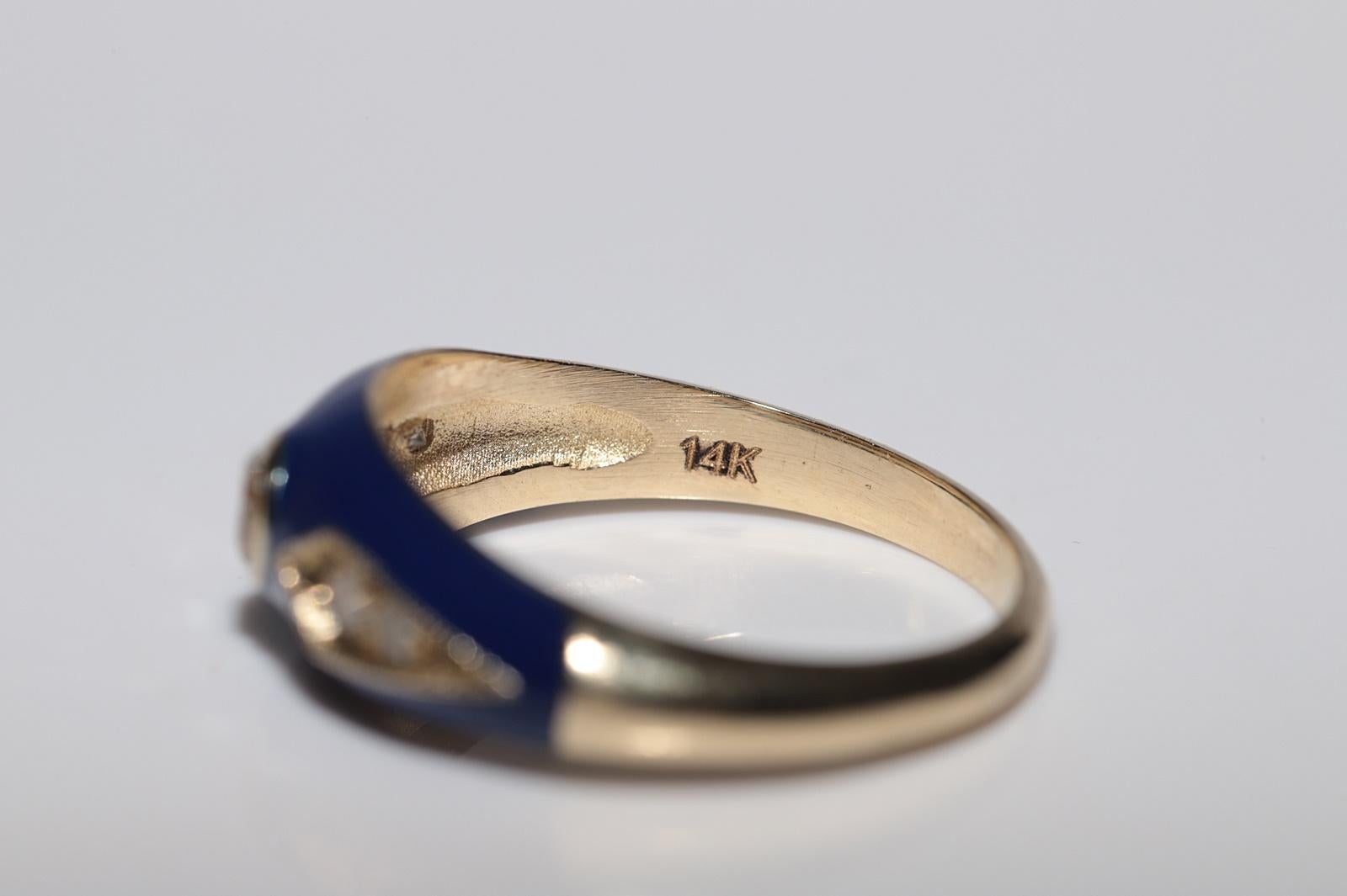 New made 14K Gold Natural Diamond Decorated Blue Enamel Band Ring For Sale 4