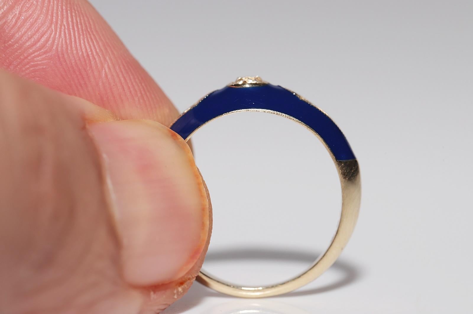 New made 14K Gold Natural Diamond Decorated Blue Enamel Band Ring For Sale 5