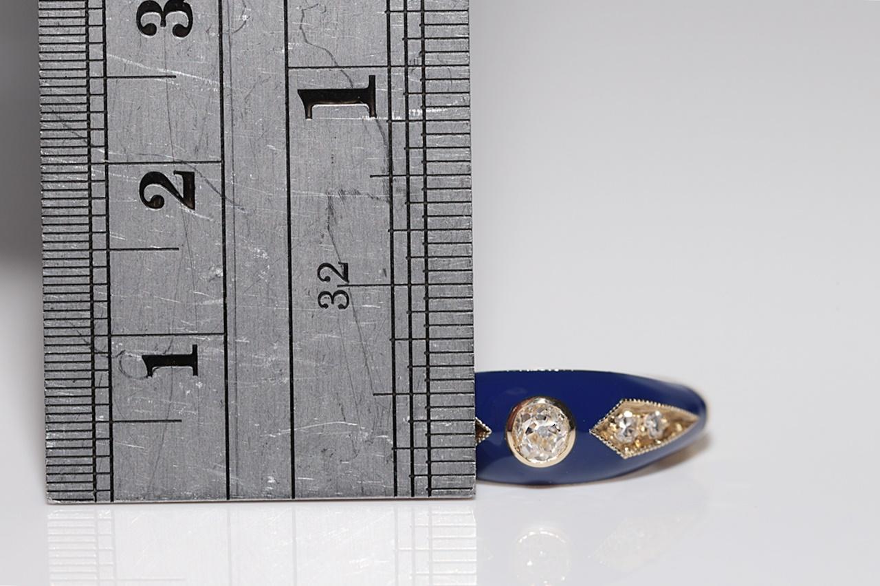 New made 14K Gold Natural Diamond Decorated Blue Enamel Band Ring For Sale 6