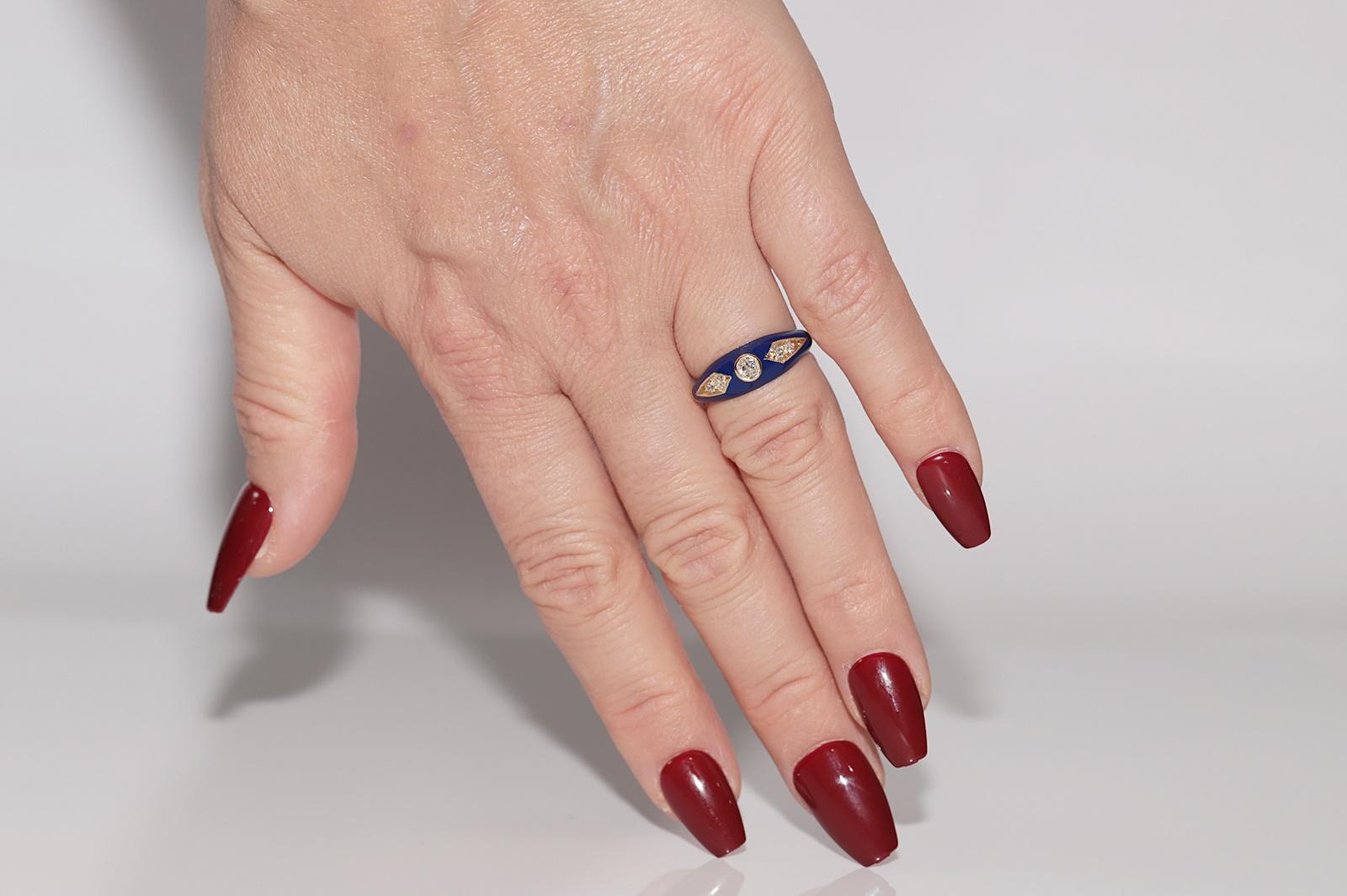 New made 14K Gold Natural Diamond Decorated Blue Enamel Band Ring For Sale 9