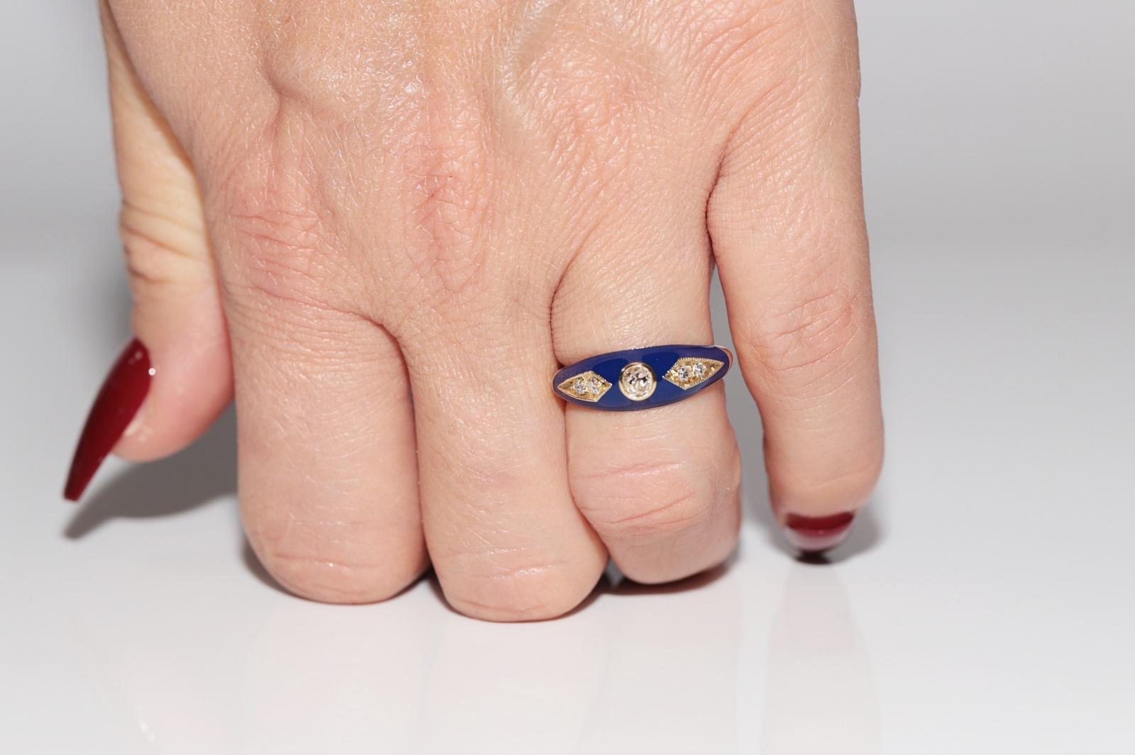 New made 14K Gold Natural Diamond Decorated Blue Enamel Band Ring For Sale 10