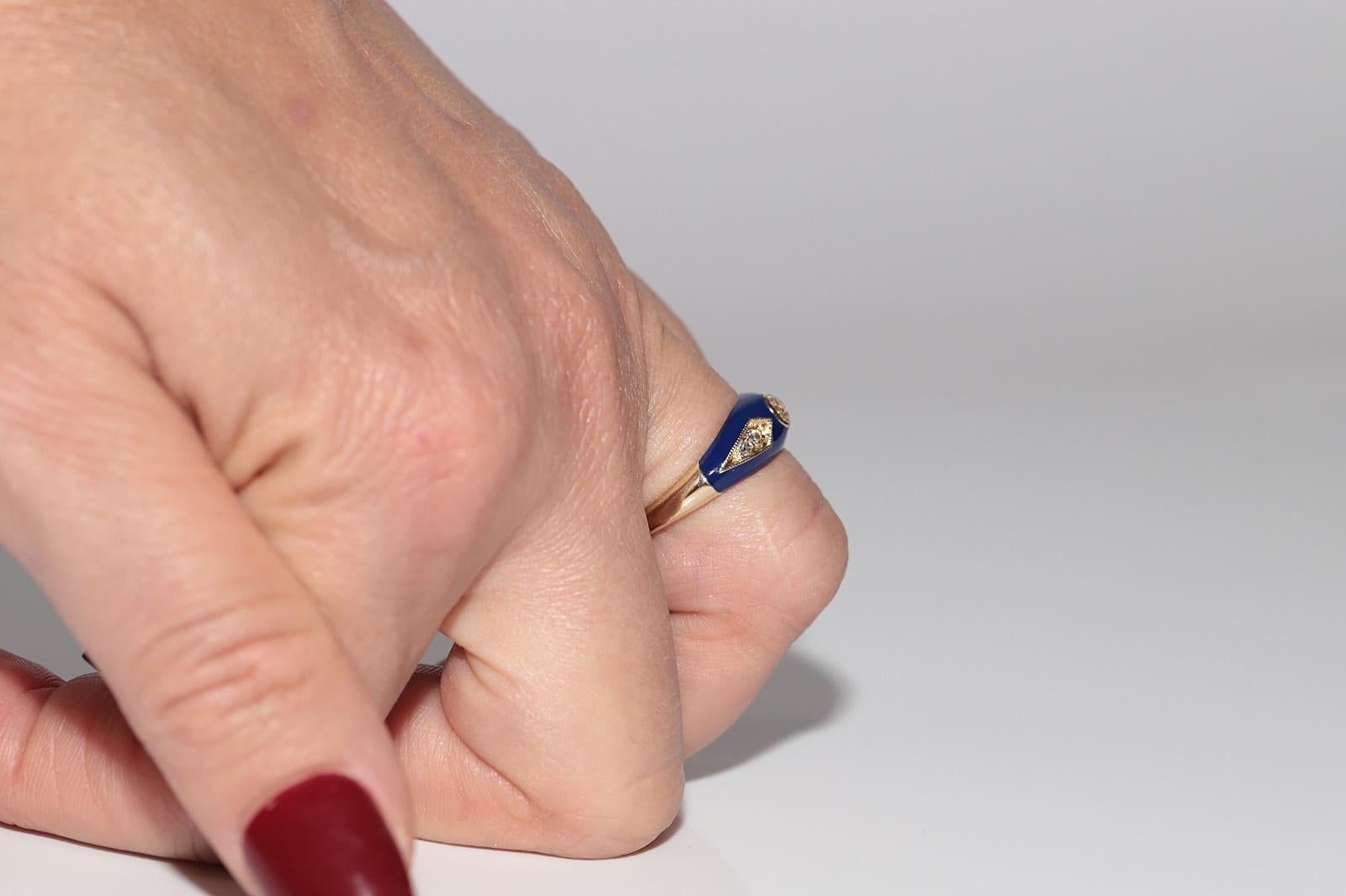 New made 14K Gold Natural Diamond Decorated Blue Enamel Band Ring For Sale 11
