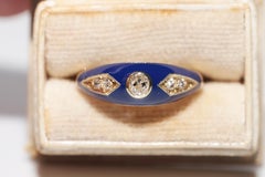 New made 14K Gold Natural Diamond Decorated Blue Enamel Band Ring