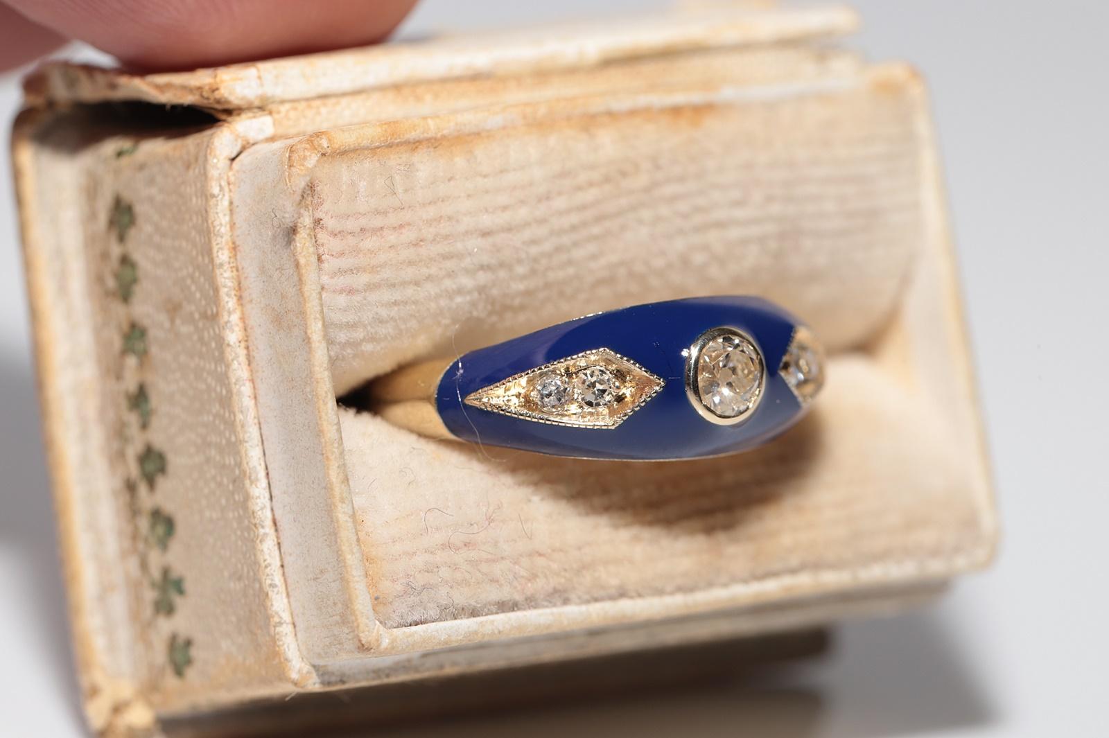 Modern New made 14K Gold Natural Diamond Decorated Blue Enamel Band Ring For Sale