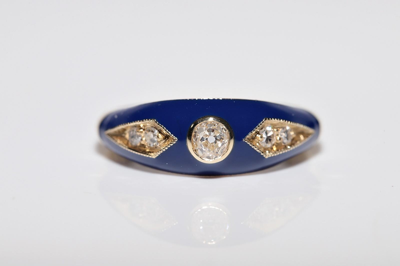 Old Mine Cut New made 14K Gold Natural Diamond Decorated Blue Enamel Band Ring For Sale