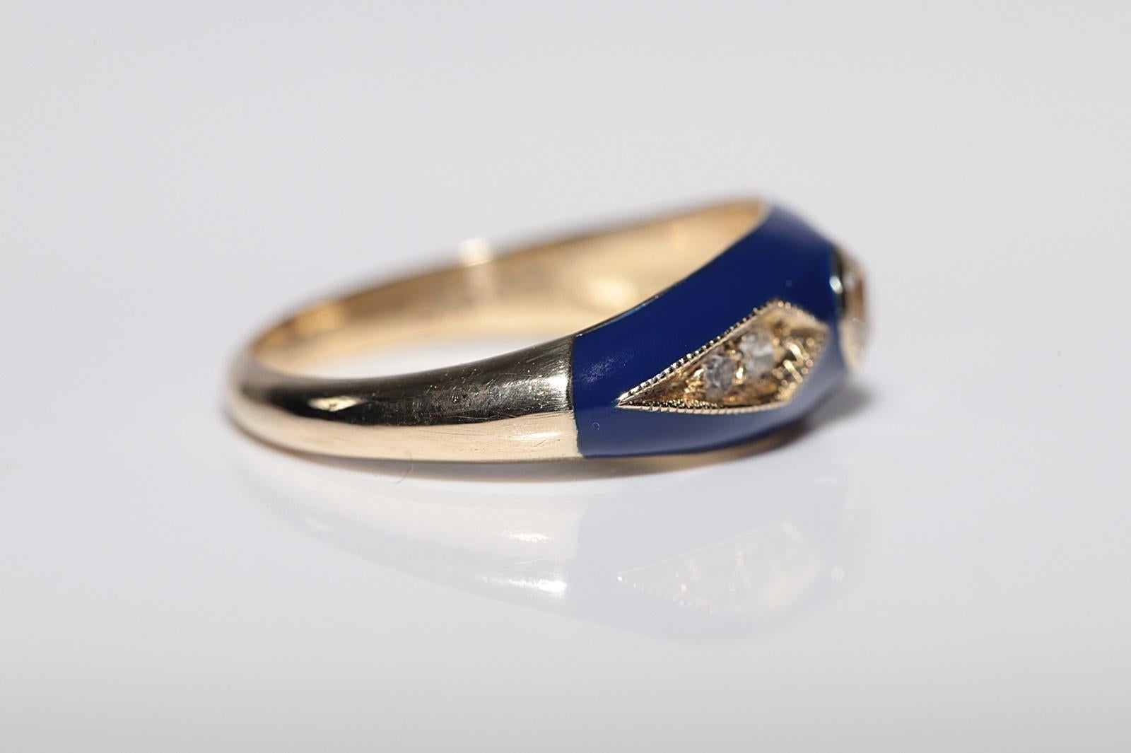 Women's or Men's New made 14K Gold Natural Diamond Decorated Blue Enamel Band Ring For Sale