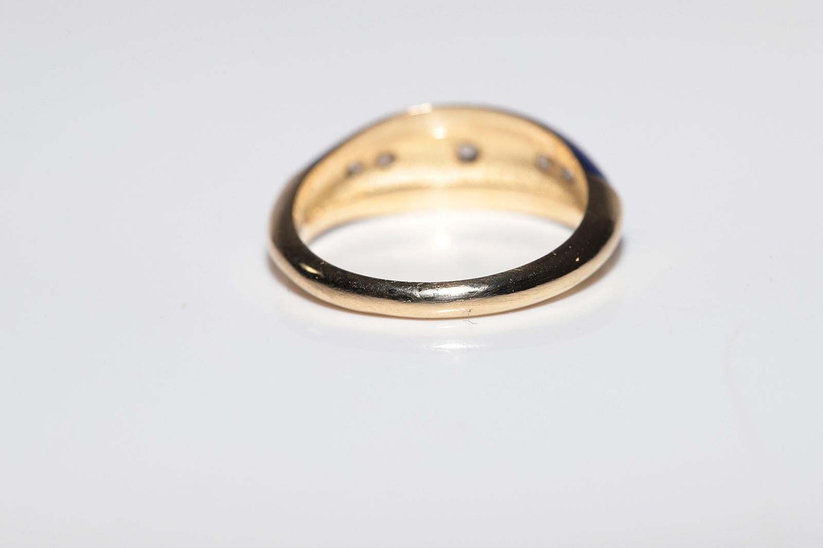 New made 14K Gold Natural Diamond Decorated Blue Enamel Band Ring For Sale 1