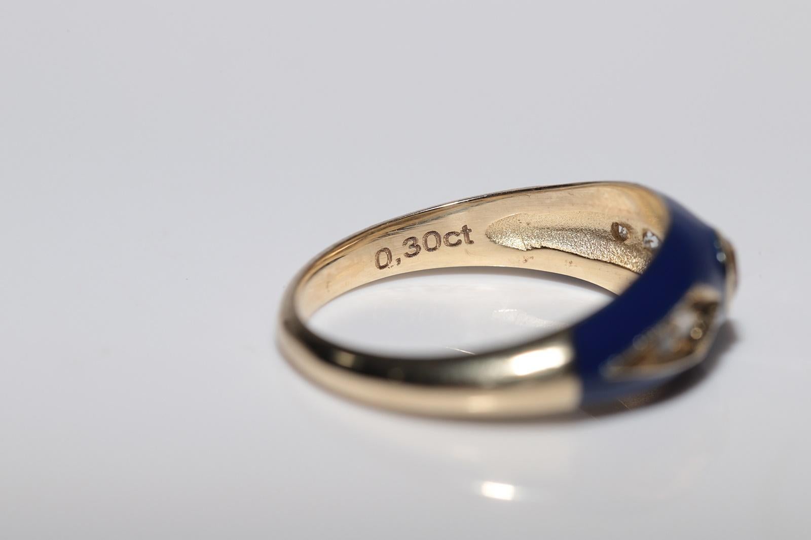 New made 14K Gold Natural Diamond Decorated Blue Enamel Band Ring For Sale 3