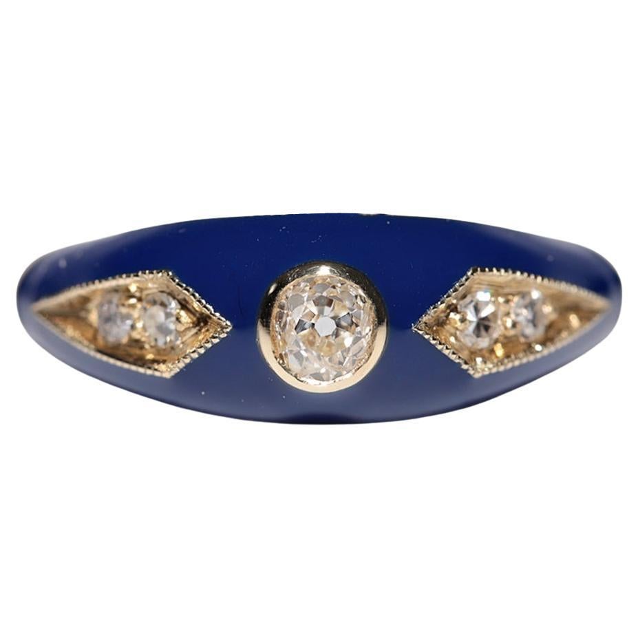 New made 14K Gold Natural Diamond Decorated Blue Enamel Band Ring For Sale