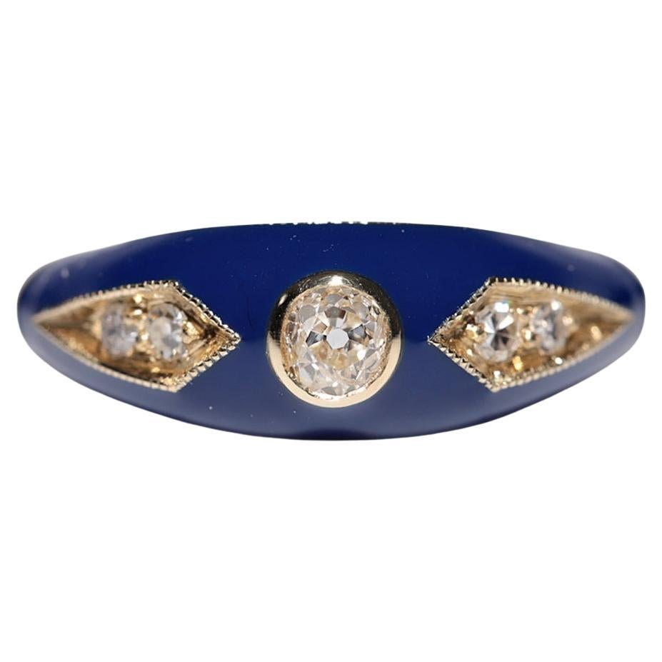 Anillo de oro de 14 quilates con diamante natural decorado con esmalte azul