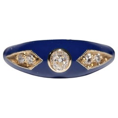 New made 14K Gold Natural Diamond Decorated Blue Enamel Band Ring