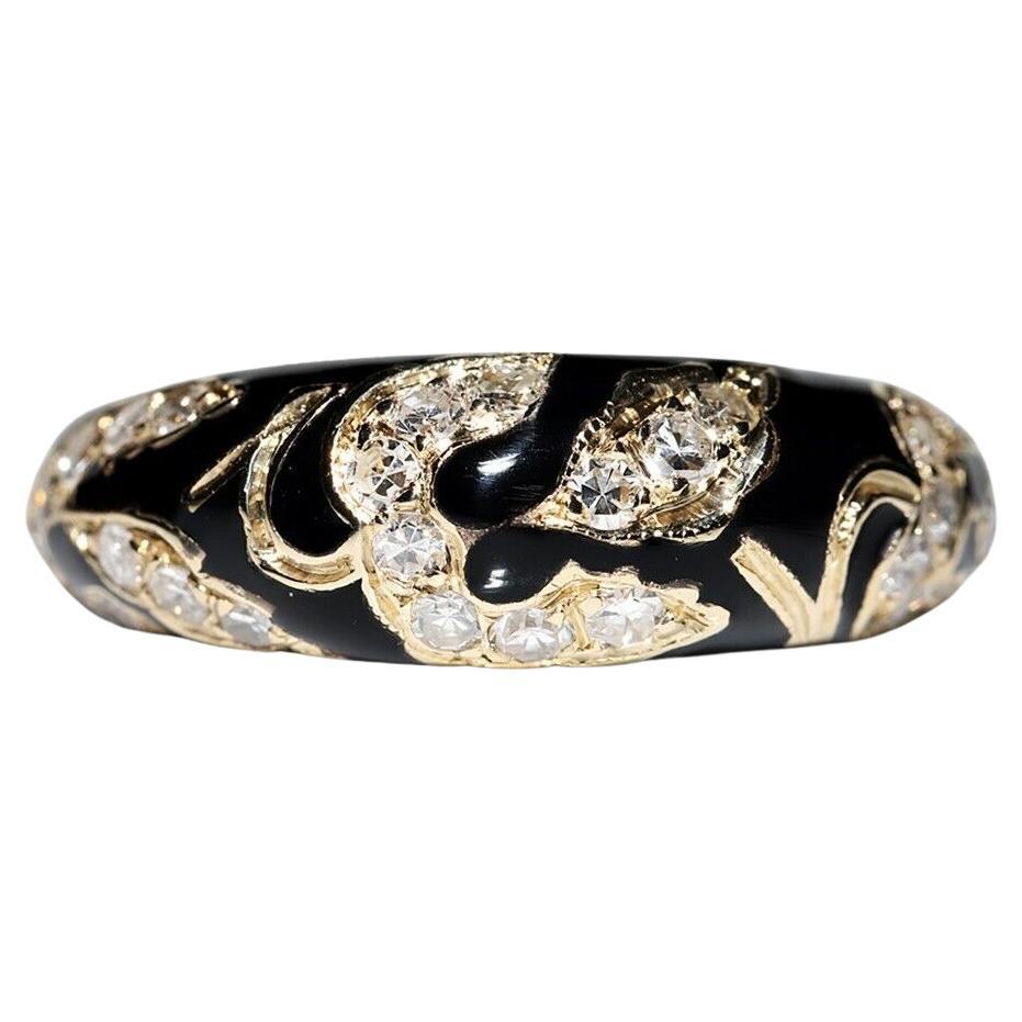 New Made 14k Gold Natural Diamond Decorated Enamel Band Ring  For Sale