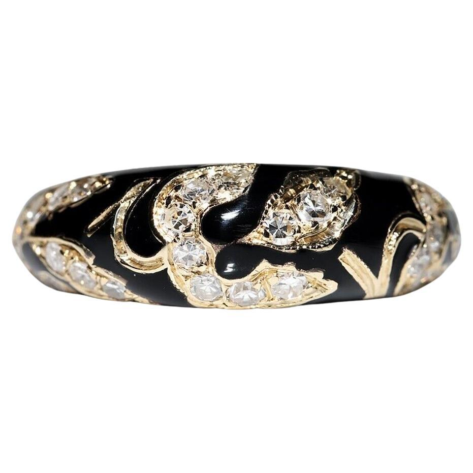 New Made 14k Gold Natural Diamond Decorated Enamel Band Ring (Bague en or 14k décorée de diamants naturels et d
émail)