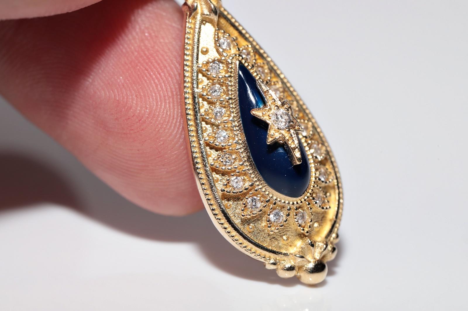 New Made 14k Gold Natural Diamond Decorated Enamel Drop Earring For Sale 6