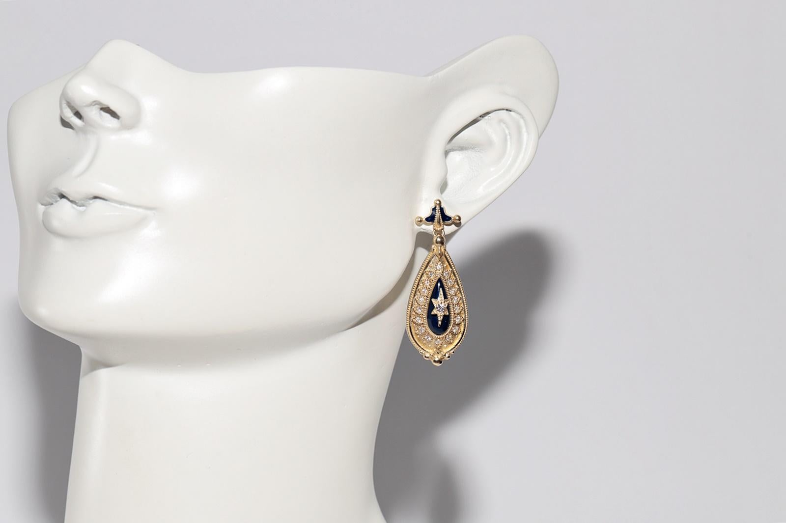 New Made 14k Gold Natural Diamond Decorated Enamel Drop Earring For Sale 7