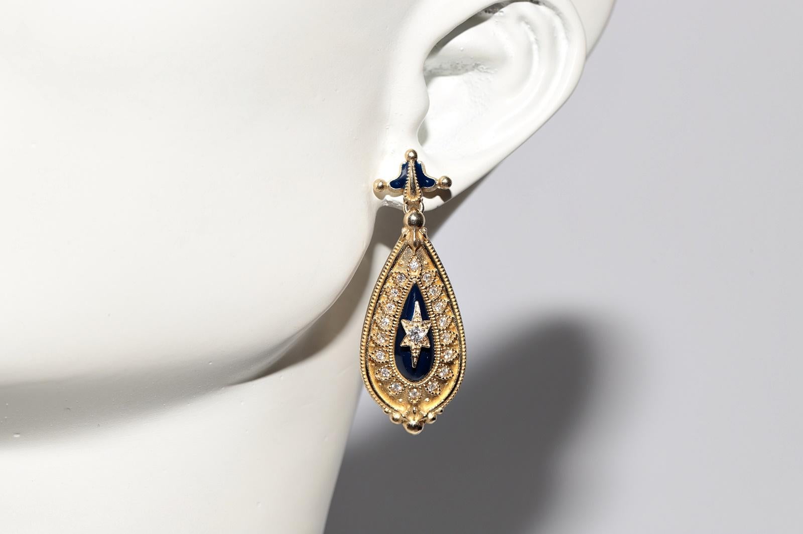 New Made 14k Gold Natural Diamond Decorated Enamel Drop Earring For Sale 8