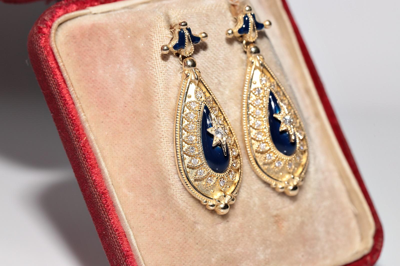 Modern New Made 14k Gold Natural Diamond Decorated Enamel Drop Earring For Sale