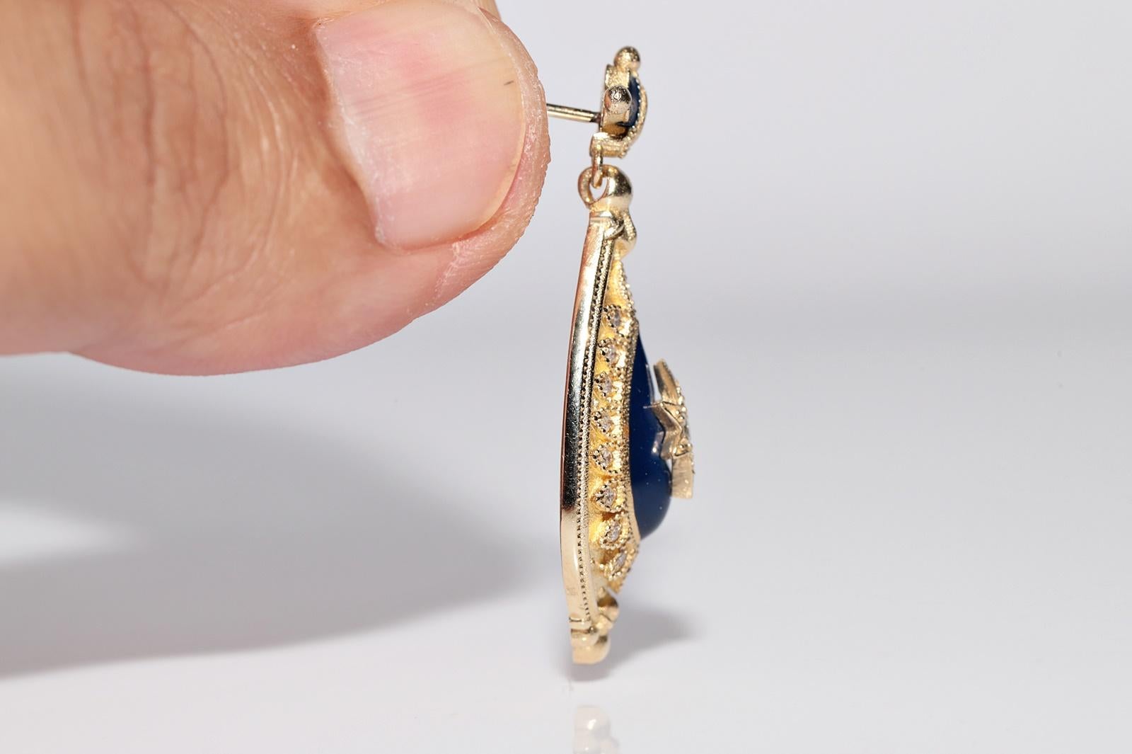 New Made 14k Gold Natural Diamond Decorated Enamel Drop Earring In Good Condition For Sale In Fatih/İstanbul, 34