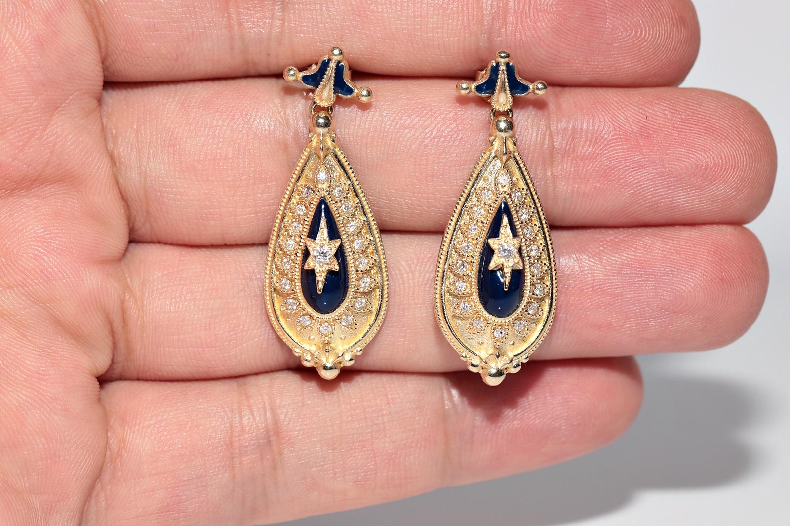 Women's New Made 14k Gold Natural Diamond Decorated Enamel Drop Earring For Sale