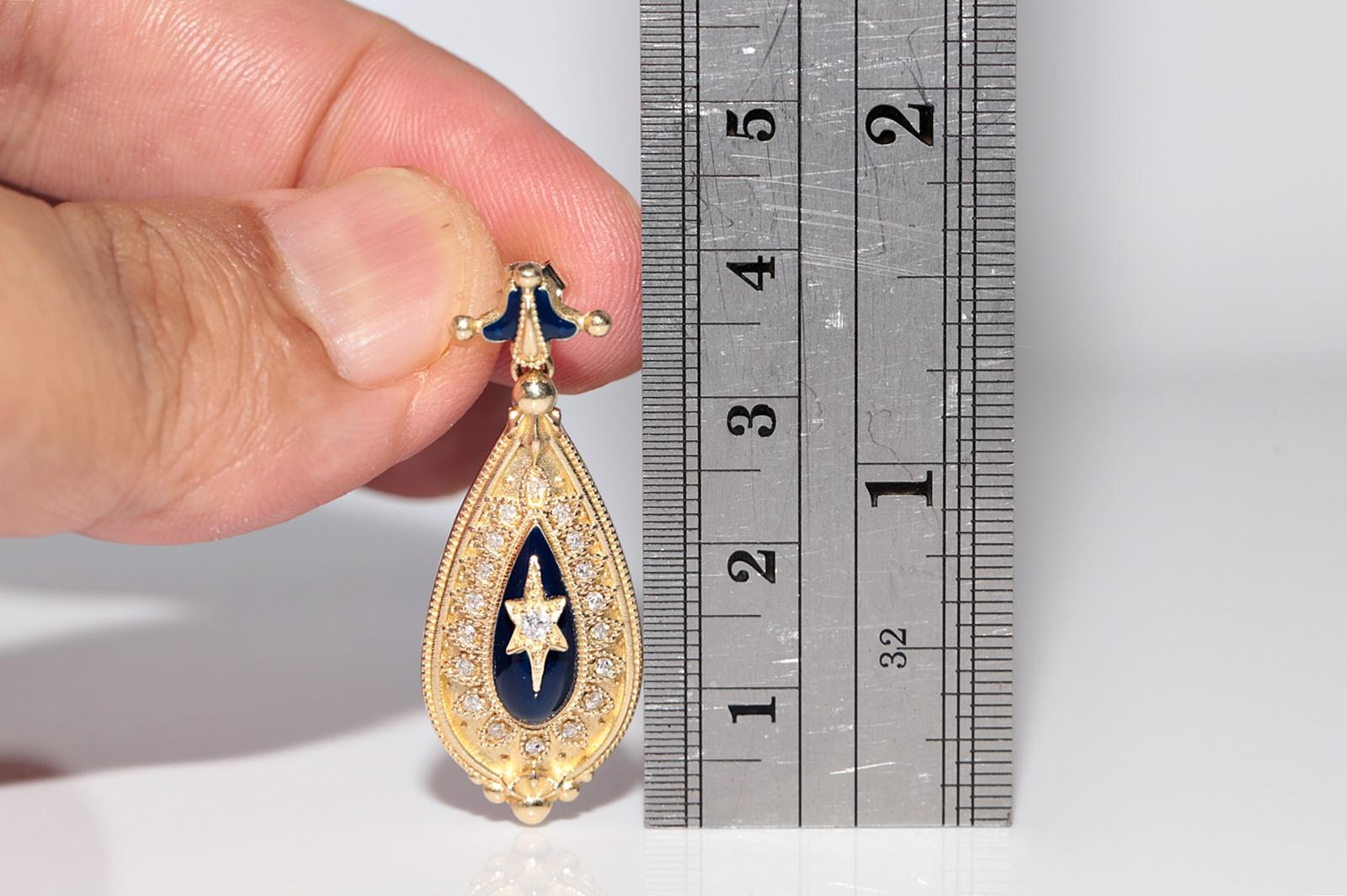 New Made 14k Gold Natural Diamond Decorated Enamel Drop Earring For Sale 2
