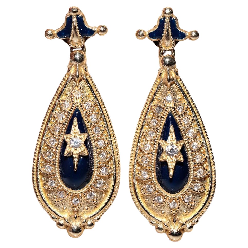 Orecchino a goccia in oro 14k con diamante naturale e smalto decorato di nuova produzione