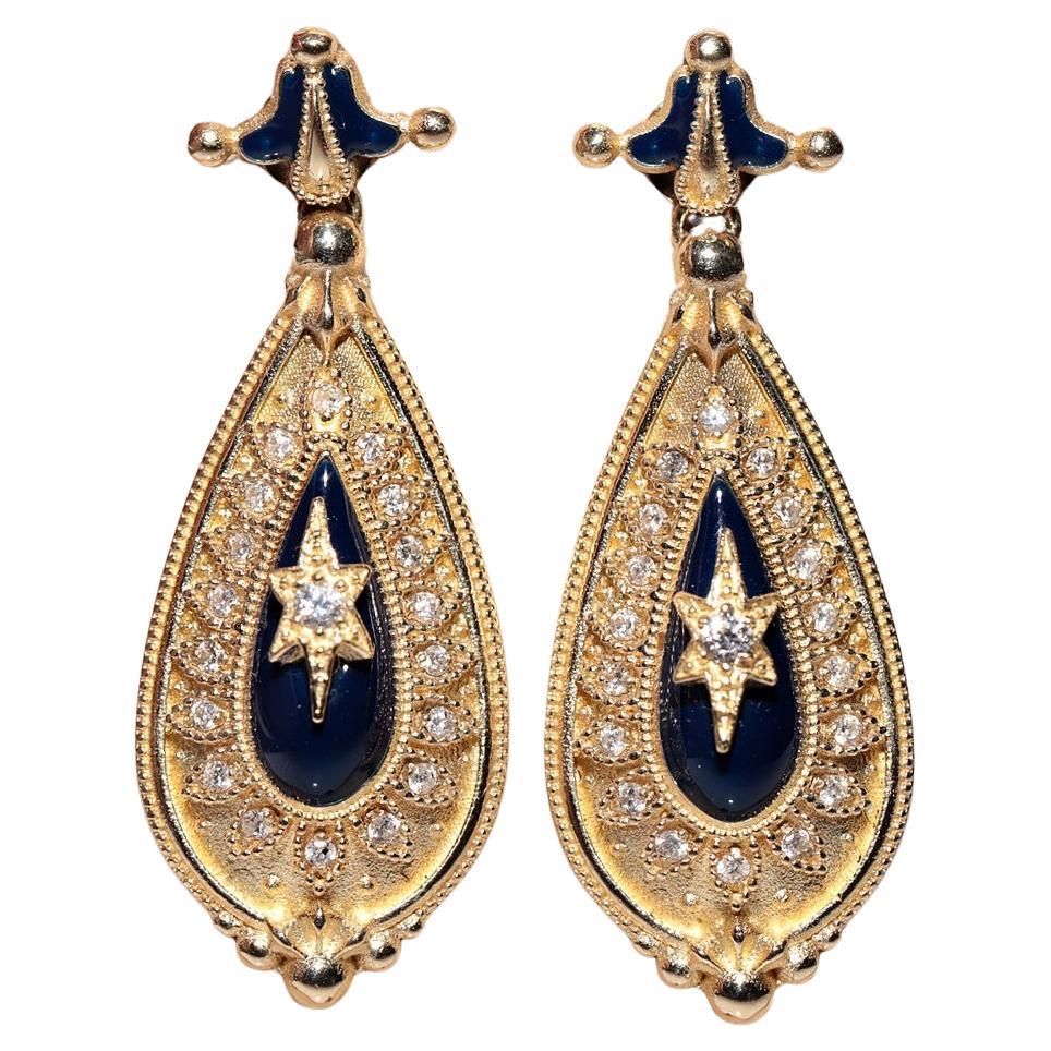 New Made 14k Gold Natural Diamond Decorated Enamel Drop Earring For Sale