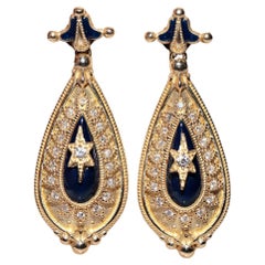 New Made 14k Gold Natural Diamond Decorated Enamel Drop Earring