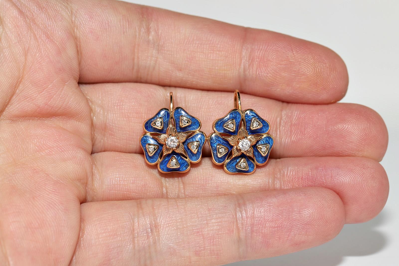 New Made 14k Gold Natural Diamond Decorated Enamel Flowers Earring For Sale 5