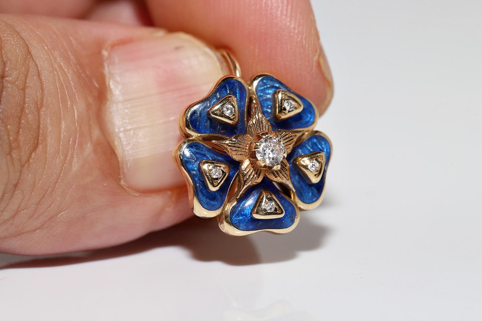 New Made 14k Gold Natural Diamond Decorated Enamel Flowers Earring For Sale 6