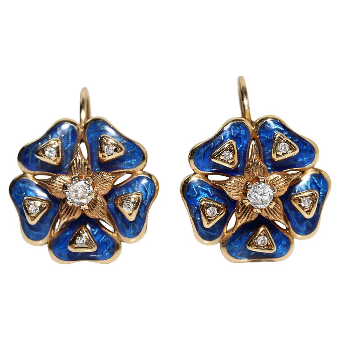 New Made 14k Gold Natural Diamond Decorated Enamel Flowers Earring For Sale