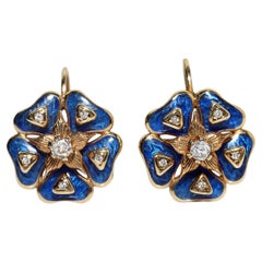 New Made 14k Gold Natural Diamond Decorated Enamel Flowers Earring
