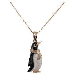 New Made 14k Gold Natural Diamond Decorated Enamel Penguin Design Necklace