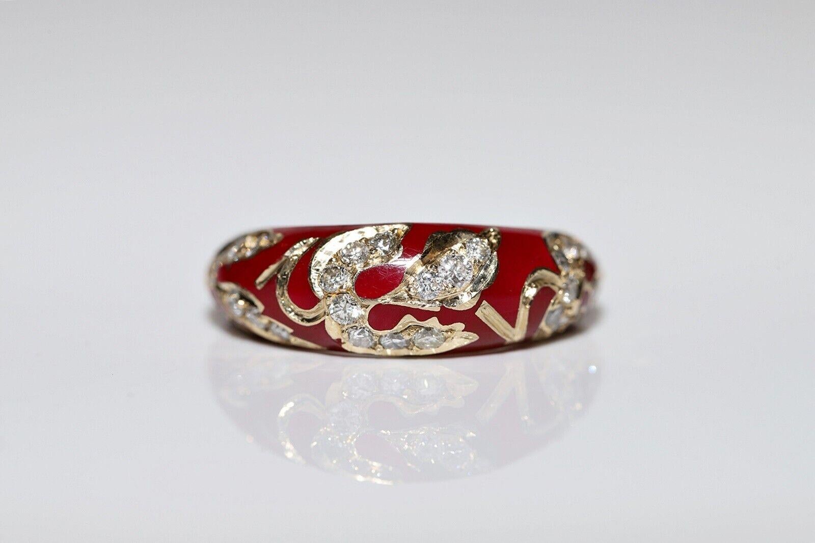 Brilliant Cut New Made 14k Gold Natural Diamond Decorated Enamel Ring For Sale
