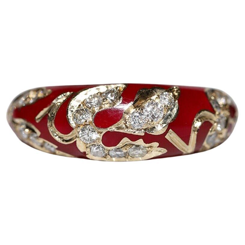 New Made 14k Gold Natural Diamond Decorated Enamel Ring For Sale