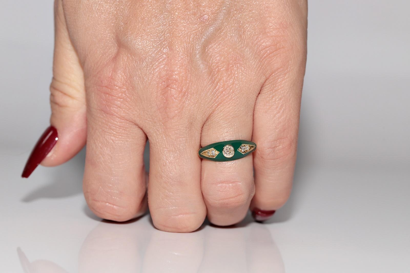New made 14K Gold Natural Diamond Decorated Green Enamel Band Ring For Sale 8