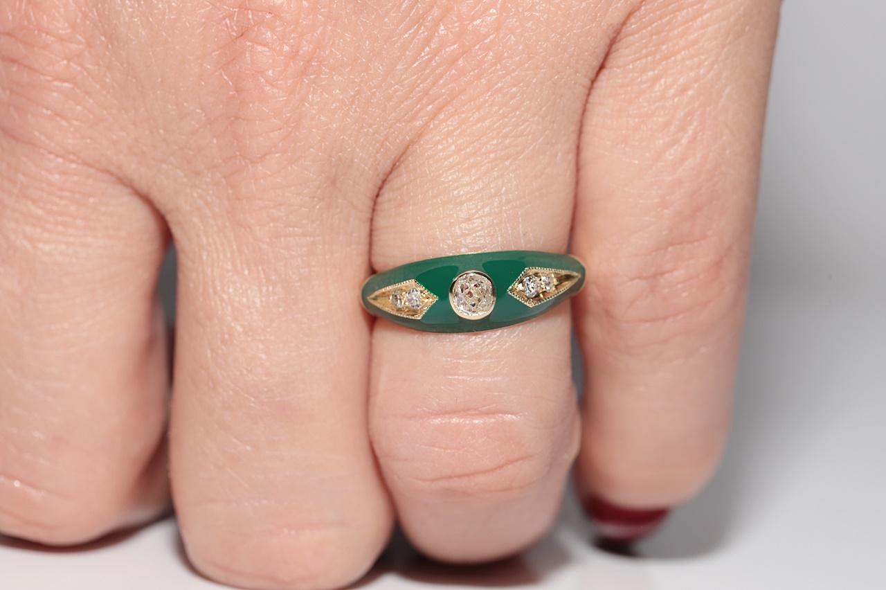 New made 14K Gold Natural Diamond Decorated Green Enamel Band Ring For Sale 9