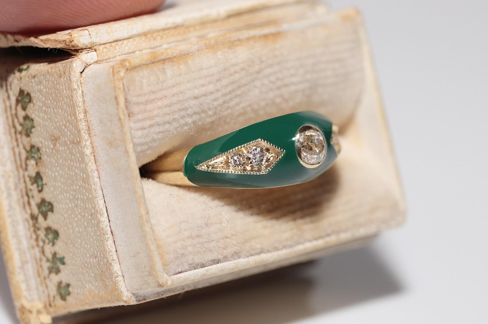 Modern New made 14K Gold Natural Diamond Decorated Green Enamel Band Ring For Sale