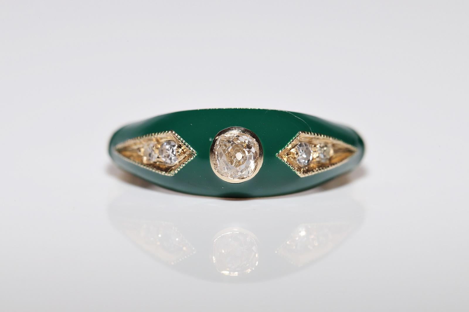 Old Mine Cut New made 14K Gold Natural Diamond Decorated Green Enamel Band Ring For Sale