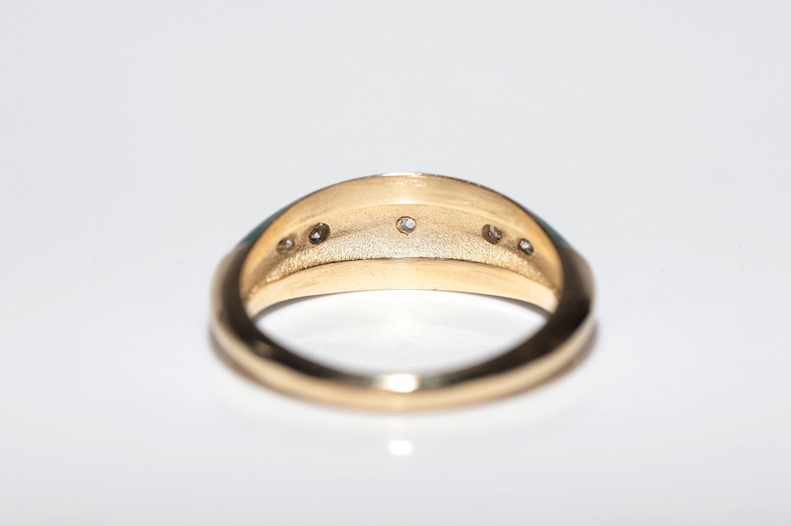 Bague jonc en or 14 carats, décorée de diamants naturels et d'émail vert, neuve en vente 1