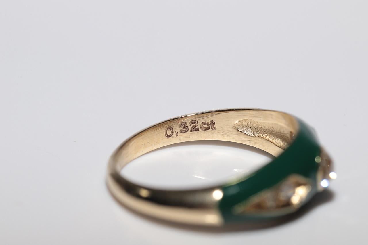 New made 14K Gold Natural Diamond Decorated Green Enamel Band Ring For Sale 2