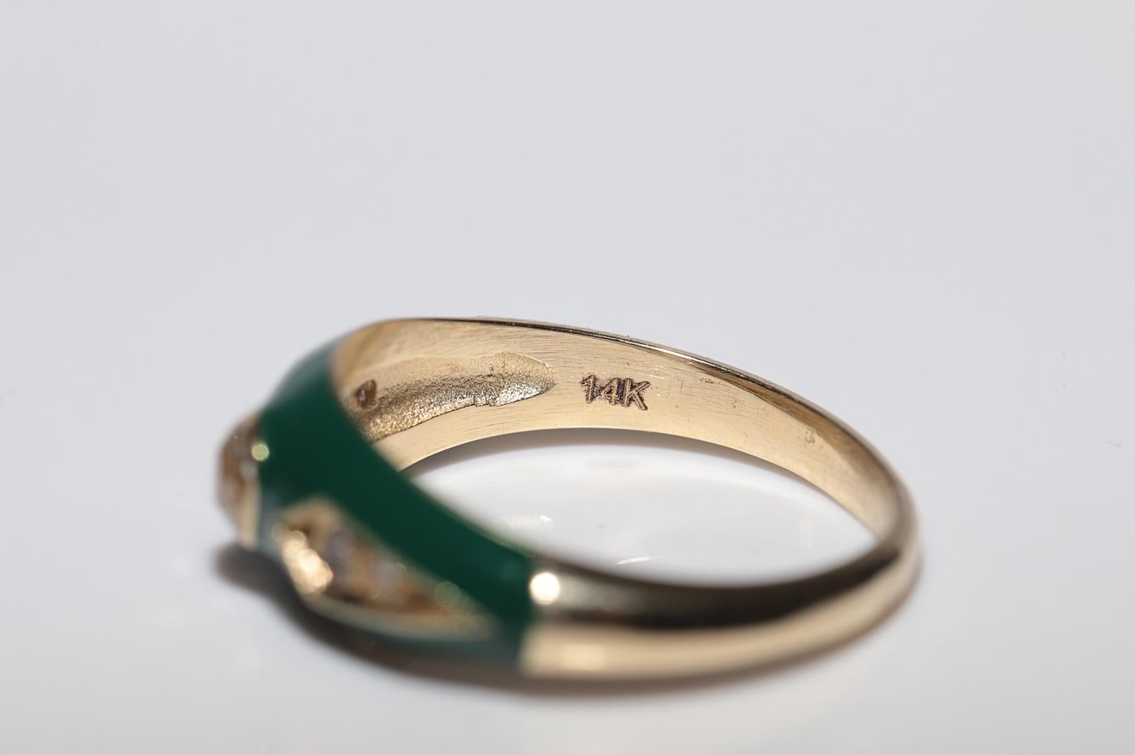 New made 14K Gold Natural Diamond Decorated Green Enamel Band Ring For Sale 3