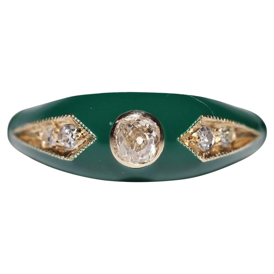 Bague jonc en or 14 carats, décorée de diamants naturels et d
émail vert, neuve en vente