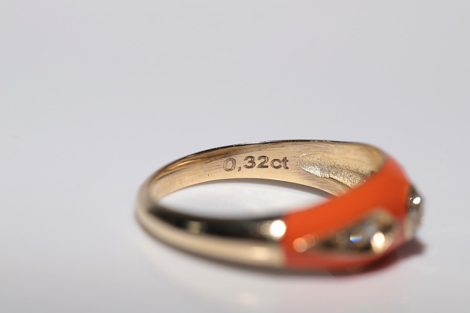 New made 14K Gold Natural Diamond Decorated Orange Enamel Band Ring For Sale 4