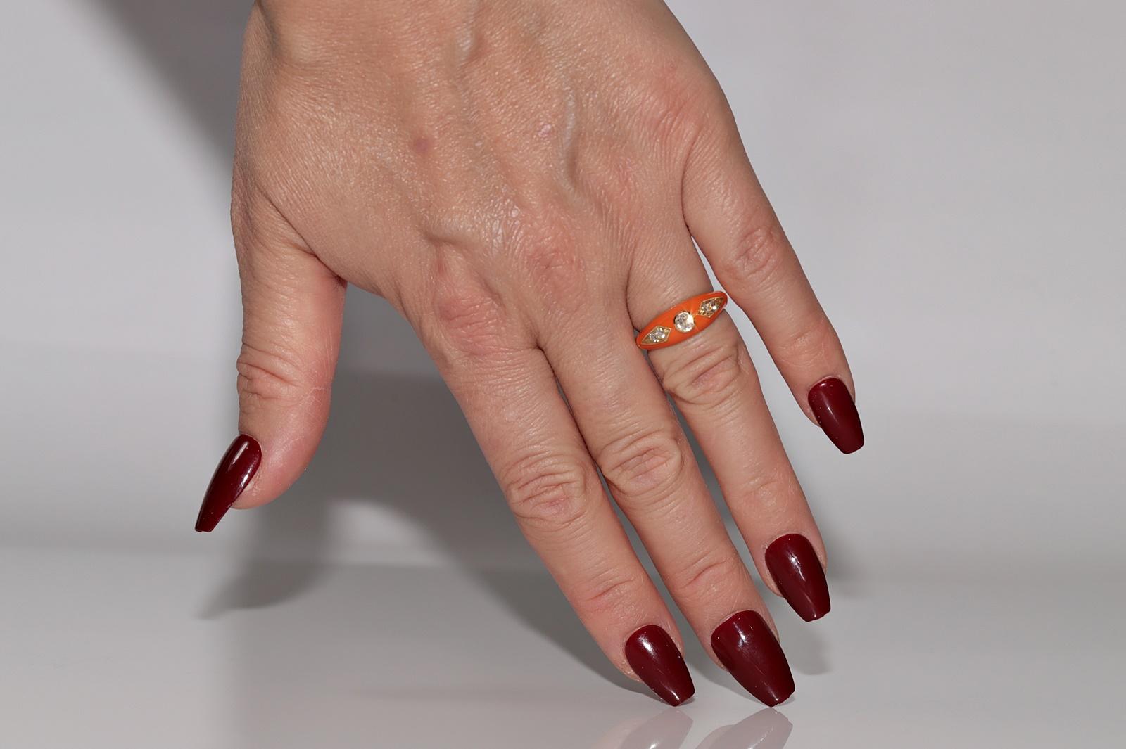 New made 14K Gold Natural Diamond Decorated Orange Enamel Band Ring For Sale 7