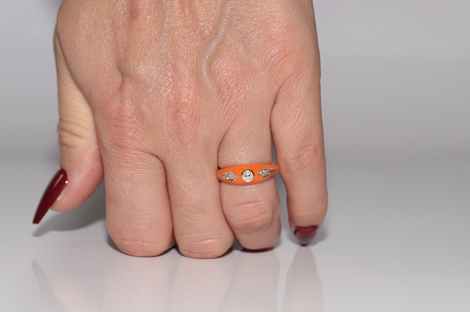 New made 14K Gold Natural Diamond Decorated Orange Enamel Band Ring For Sale 8