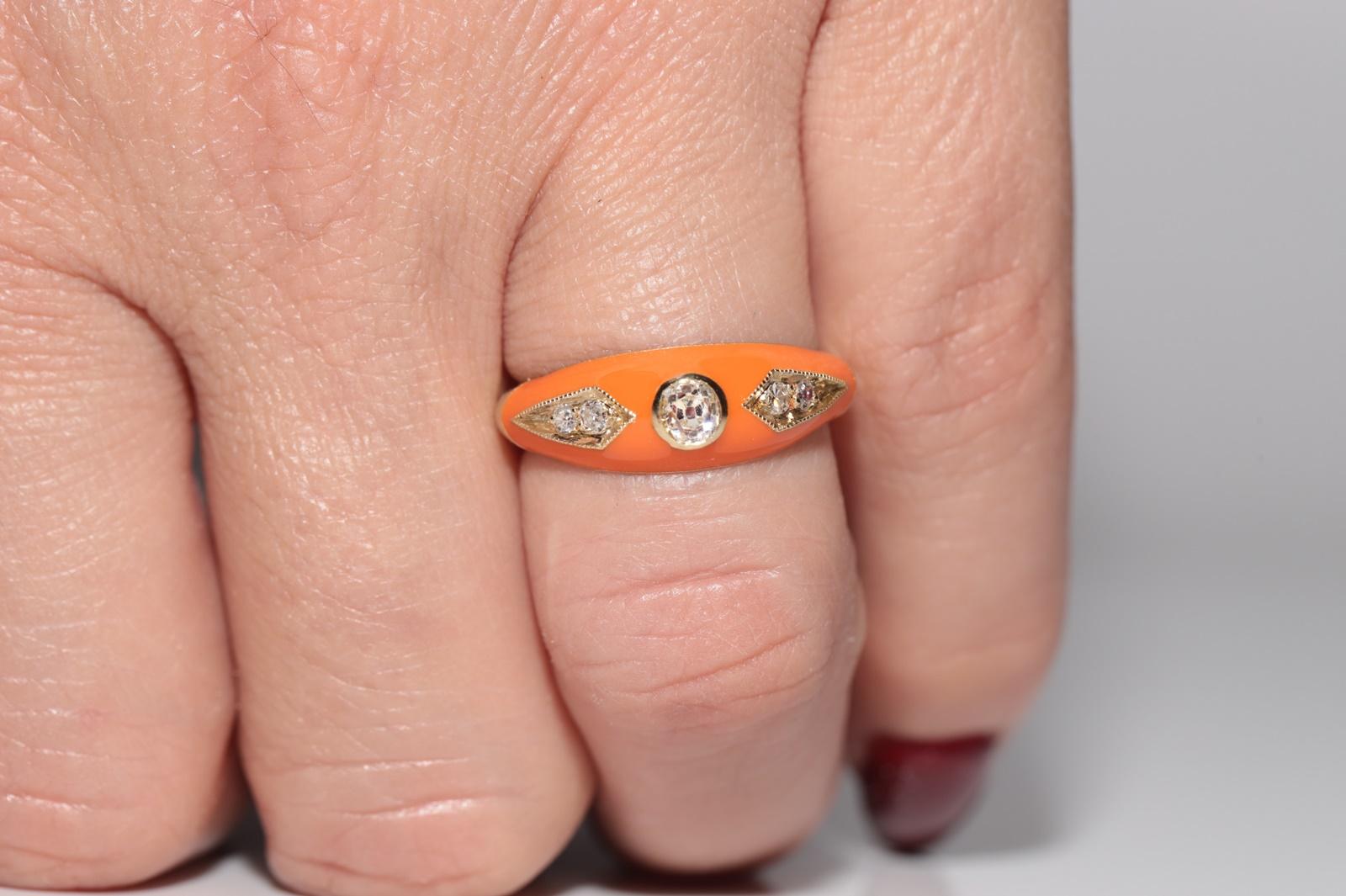 New made 14K Gold Natural Diamond Decorated Orange Enamel Band Ring For Sale 9
