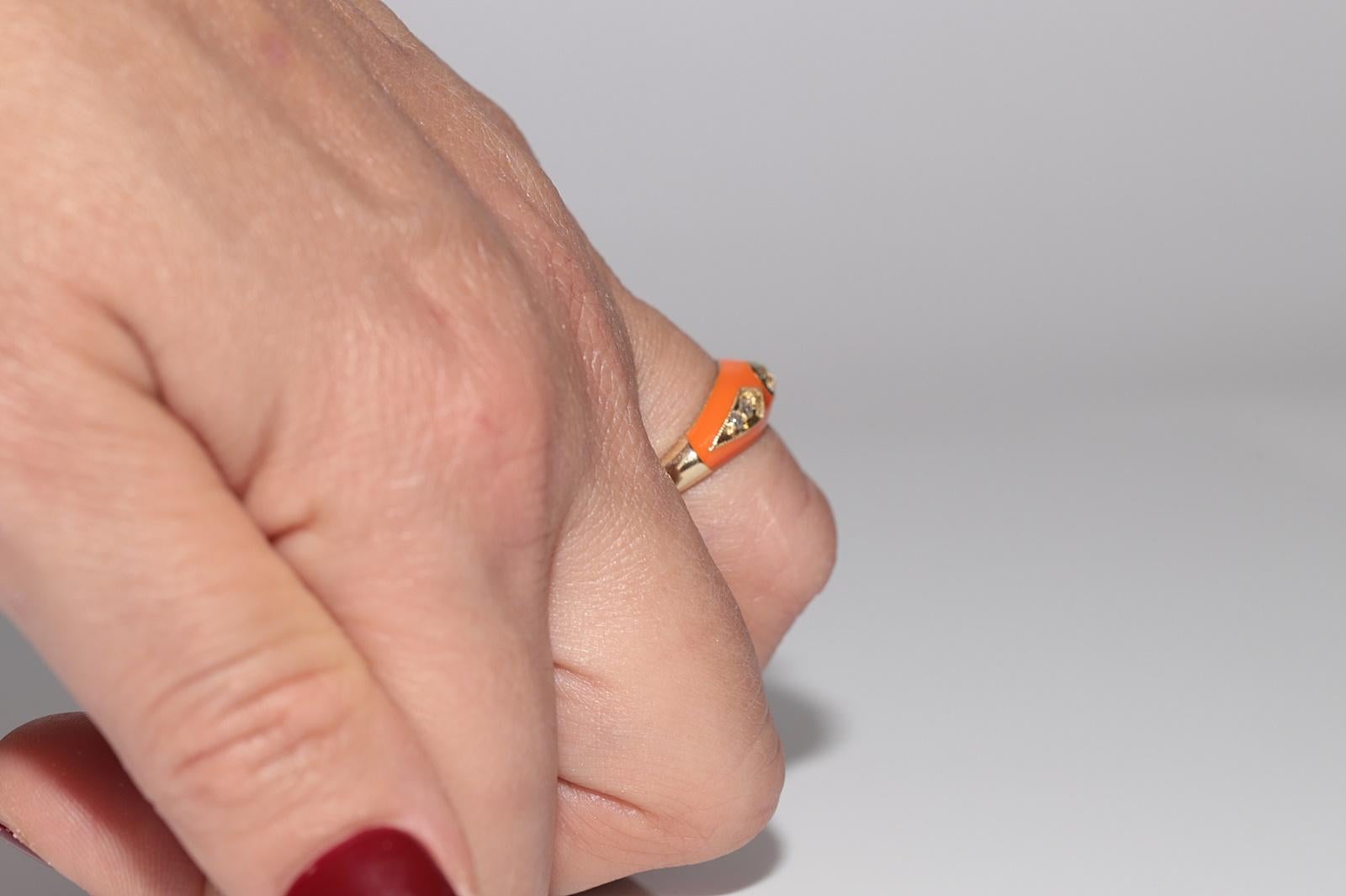 New made 14K Gold Natural Diamond Decorated Orange Enamel Band Ring For Sale 10