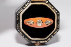 New made 14K Gold Natural Diamond Decorated Orange Enamel Band Ring