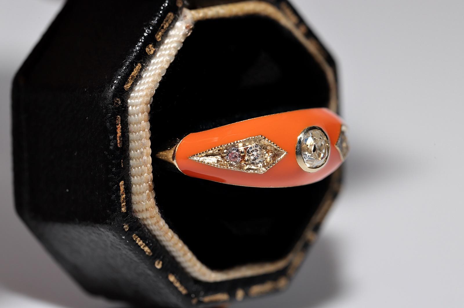 Modern New made 14K Gold Natural Diamond Decorated Orange Enamel Band Ring For Sale