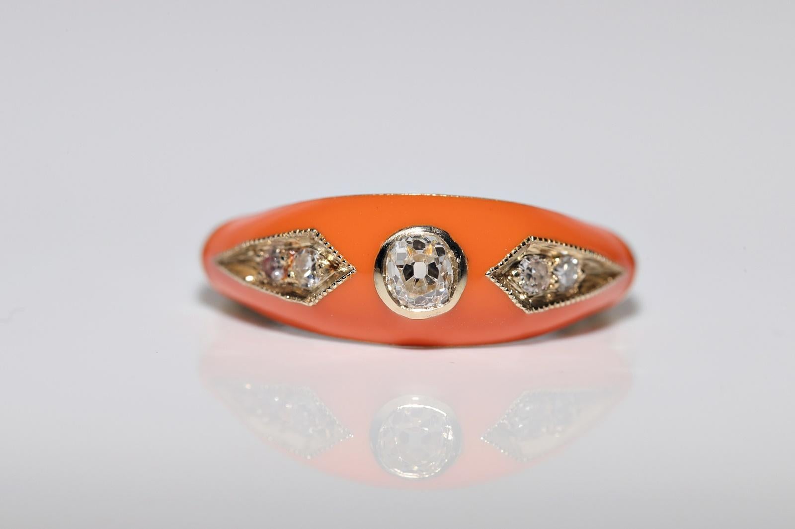 Old Mine Cut New made 14K Gold Natural Diamond Decorated Orange Enamel Band Ring For Sale